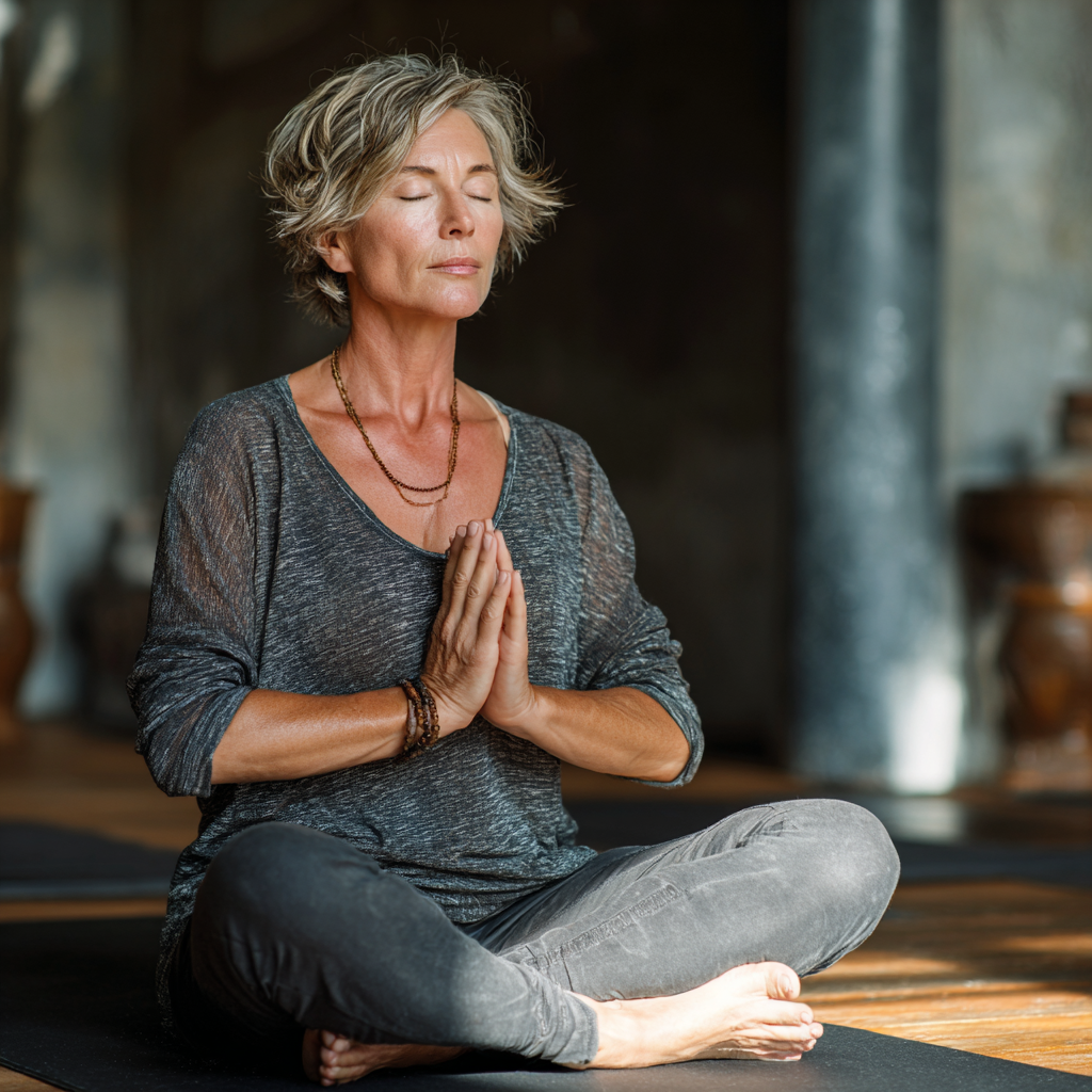 Experienced middle-aged woman practicing yoga meditation in peaceful studio environment