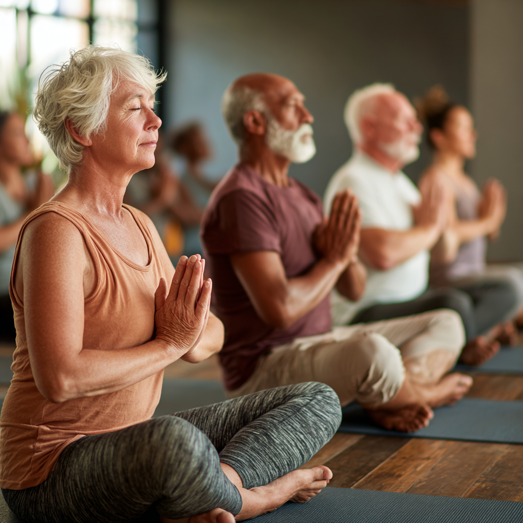 Mature adults practicing yoga together in peaceful group session with instructor guidance